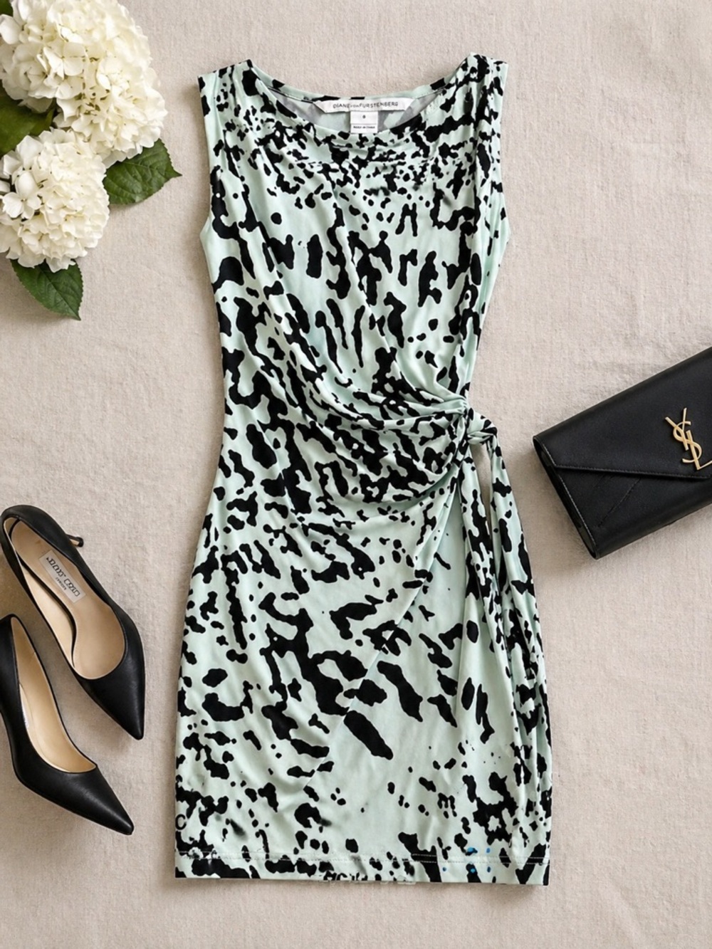 Diane von Furstenberg Mint and Black Abstract Print Dress